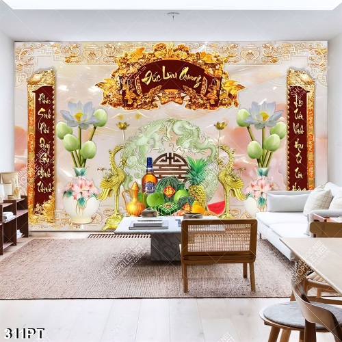 Tranh thờ giả ngọc thư pháp và ngũ quả in uv