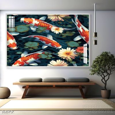 Tranh decor tường phòng khách cá chép hoa sen