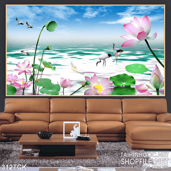 Tranh hoa sen, cá chép và phong cảnh