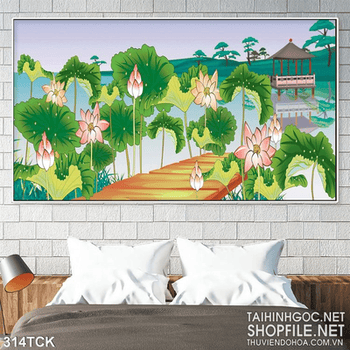 Tranh hoa sen, cá chép và phong cảnh