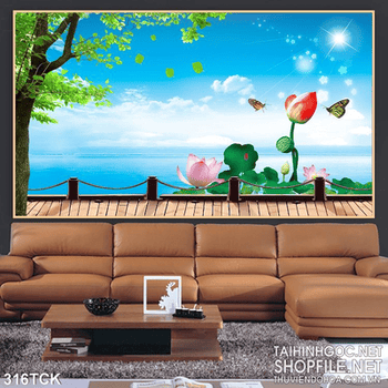 Tranh hoa sen, cá chép dán tường đẹp