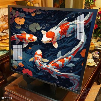 Tranh decor tường phòng khách cá chép hoa sen