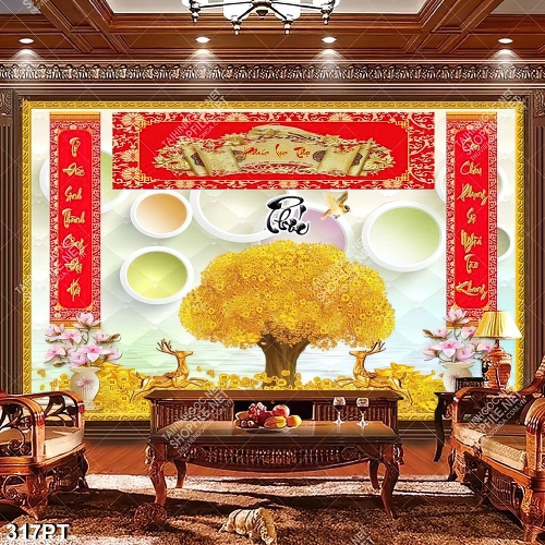 Tranh phòng thờ cây kim tiền và thư pháp đẹp nhất