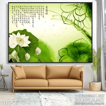 Tranh hoa sen, cá chép thư pháp trang trí