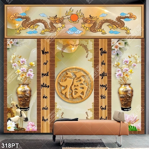 Tranh giả ngọc thư pháp song long trang trí phòng thờ in uv