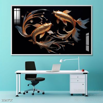 Mẫu tranh decor tường cá chép hoa sen