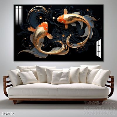Tranh trang trí phòng khách cá chép hoa sen