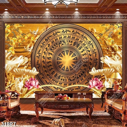 Tranh hoa sen điêu khắc gỗ và trống đồng trang trí tường