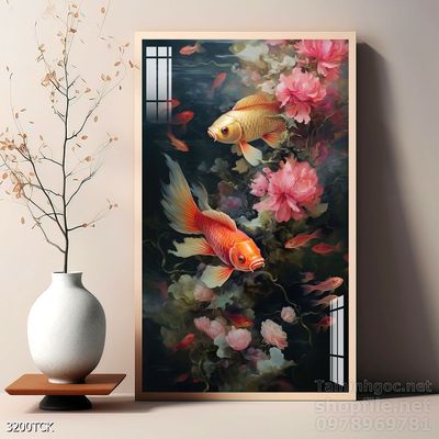 Mẫu tranh decor tường cá chép hoa sen