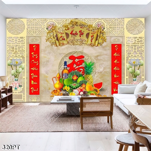 Tranh phòng thờ Cửu Huyền Thất Tổ ngũ quả và thư pháp in uv