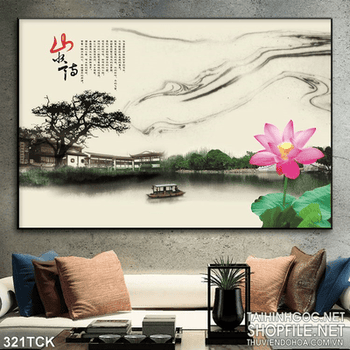 Tranh hoa sen, cá chép phong cảnh đẹp