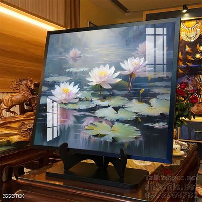 Tranh decor tường phòng khách cá chép hoa sen