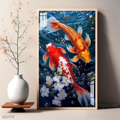 Tranh decor tường phòng khách cá chép hoa sen