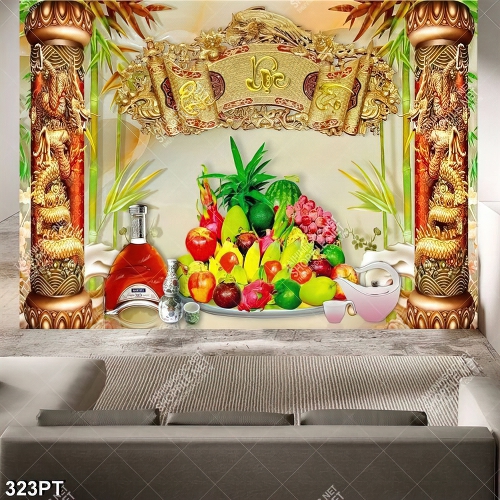 Tranh phòng thờ song long và ngũ quả trên nền giả ngọc đẹp