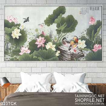 Tranh hoa sen, cá chép thư pháp nghệ thuật