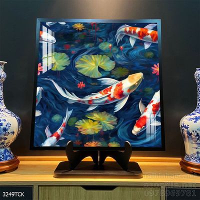 Tranh decor tường phòng khách cá chép hoa sen