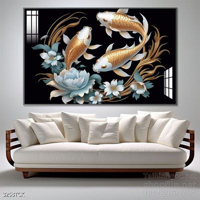 Tranh decor tường phòng khách cá chép hoa sen