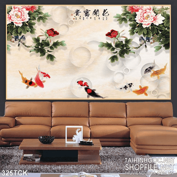 Tranh hoa sen, cá chép mẫu đơn phong thủy