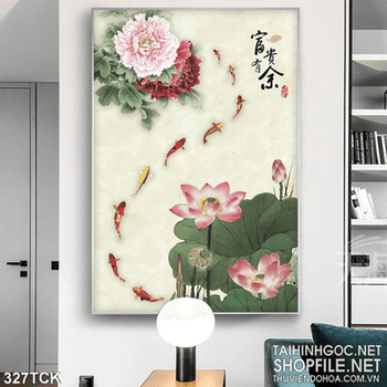 Tranh hoa sen, cá chép thư pháp