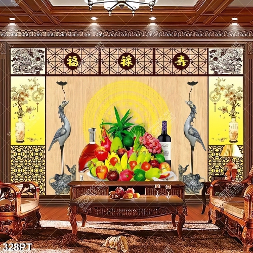 Tranh ngũ quả bên đôi chim hạc treo phòng thờ