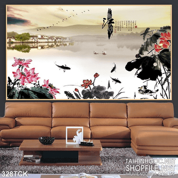 Tranh hoa sen, cá chép thư pháp nghệ thuật