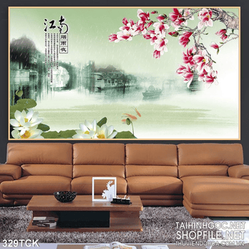 Tranh hoa sen, cá chép hoa mùa xuân