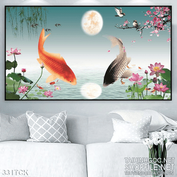 Tranh hoa sen, cá chép và phong cảnh