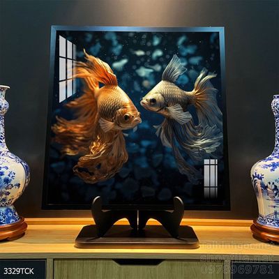 Tranh decor tường phòng khách cá chép hoa sen