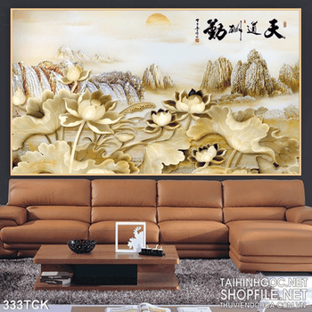 Tranh hoa sen, cá chép giả ngọc trang trí