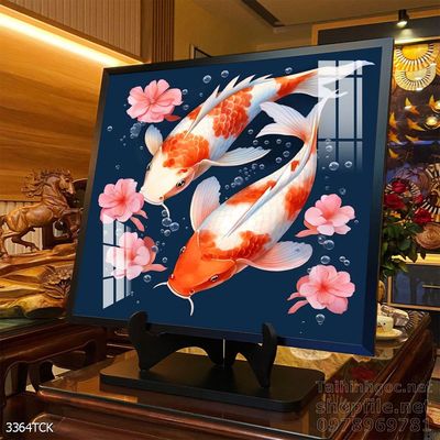 Tranh decor tường phòng khách cá chép hoa sen