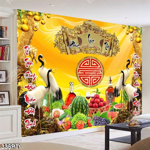 Tranh phòng thờ chim hạc giả ngọc bên mâm ngũ quả