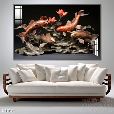 Mẫu tranh decor tường cá chép hoa sen