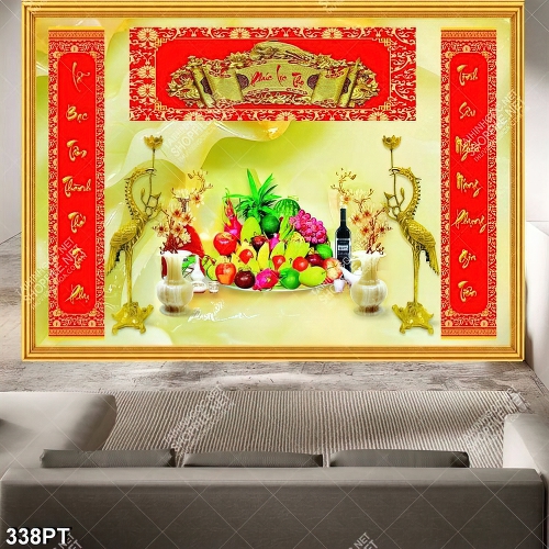 Tranh thờ chim hạc vàng bên mâm ngũ quả