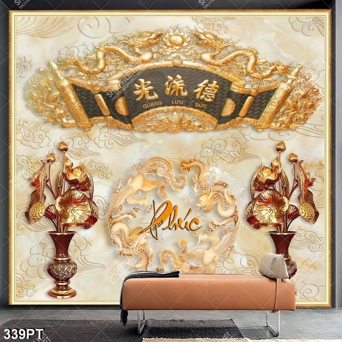 Tranh phòng thờ rồng phương bên hoa sen vàng đẹp nhất