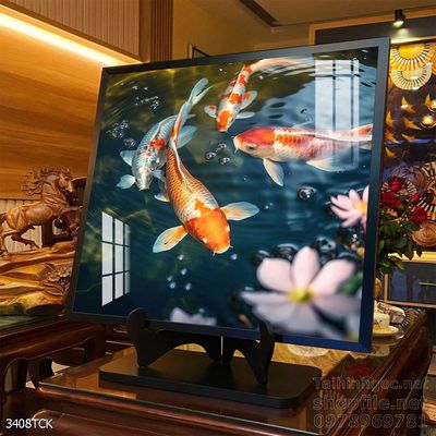 Tranh decor tường phòng khách cá chép hoa sen