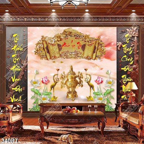 Tranh giả ngọc thư pháp chim hạc và hoa sen in kính