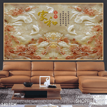 Tranh hoa sen, cá chép thư pháp