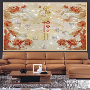 Tranh hoa sen, cá chép thư pháp