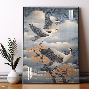 Tranh chim công hoa mẫu đơn decor trang trí tường nhà