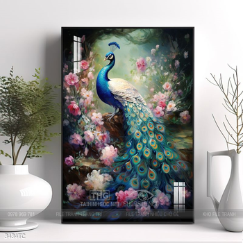 Tranh chim công và hoa mẫu đơn phong thủy