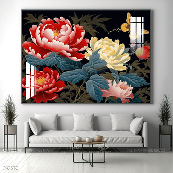 Tranh đôi chim công và hoa mẫu đơn treo tường phòng khách