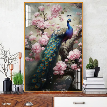 Tranh phòng khách chim công và hoa mẫu đơn treo tường