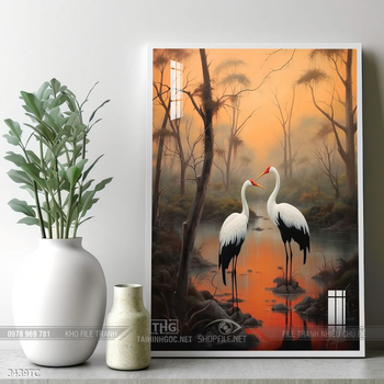 Tranh treo tường hoa mẫu đơn và đôi chim công khổ dọc