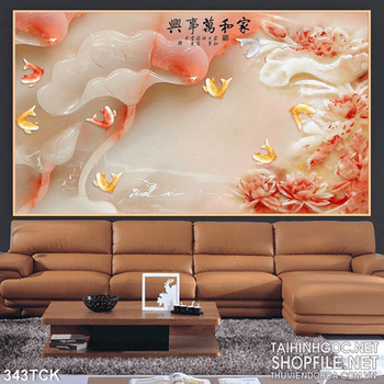 Tranh hoa sen, cá chép giả ngọc trang trí