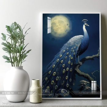 Tranh treo tường phong thủy chim công và hoa mẫu đơn