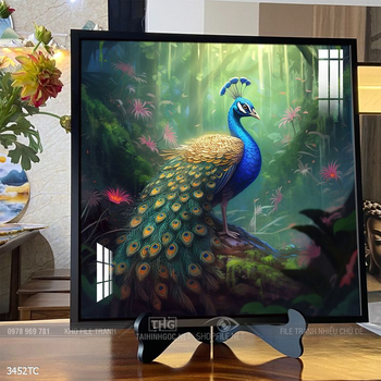 Tranh chim công hoa mẫu đơn decor trang trí tường nhà