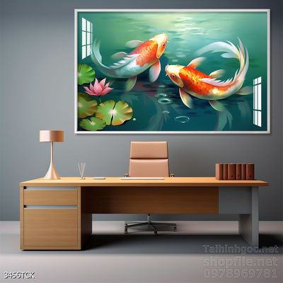 Mẫu tranh decor tường cá chép hoa sen