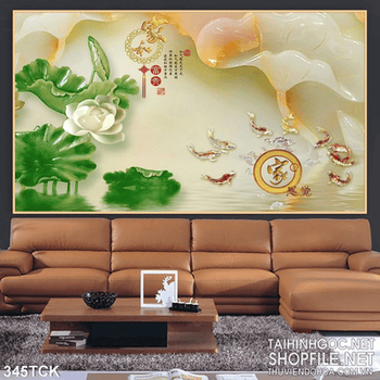 Tranh hoa sen, cá chép kim tiền giả ngọc