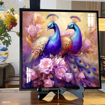 Tranh treo tường phong thủy chim công và hoa mẫu đơn