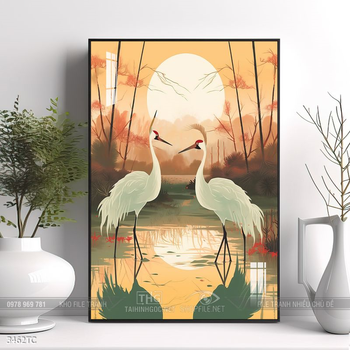 Tranh chim công hoa mẫu đơn decor trang trí tường nhà